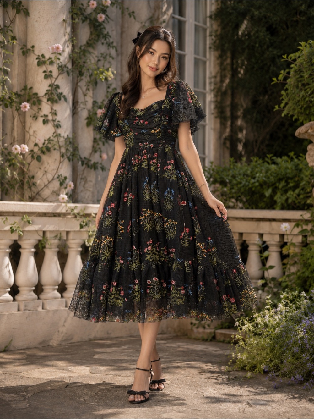 JessaKae Sybil Black Floral Embroidered Flutter Sleeve Midi Dress XS
